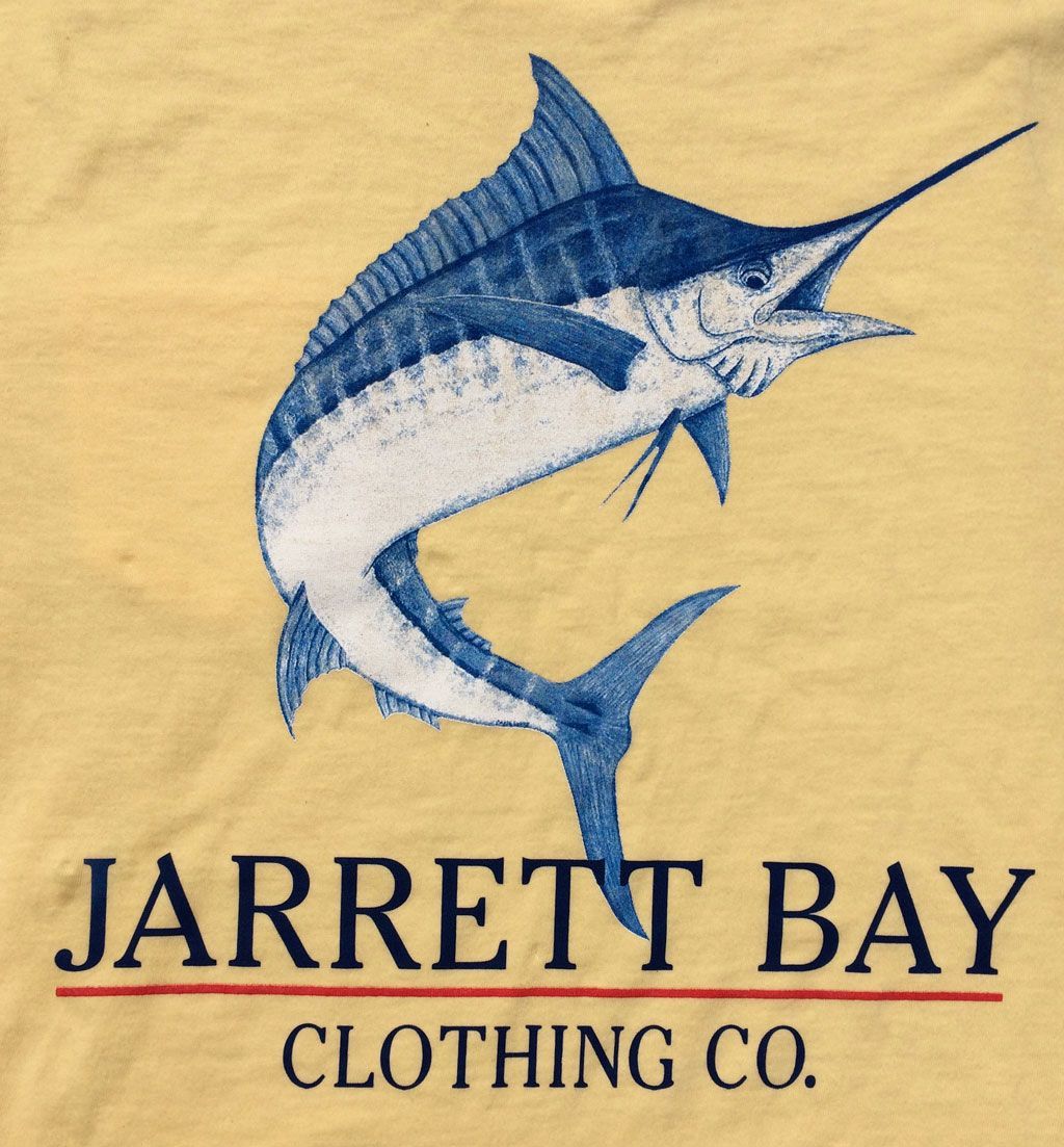 A blue marlin leaps over the text 