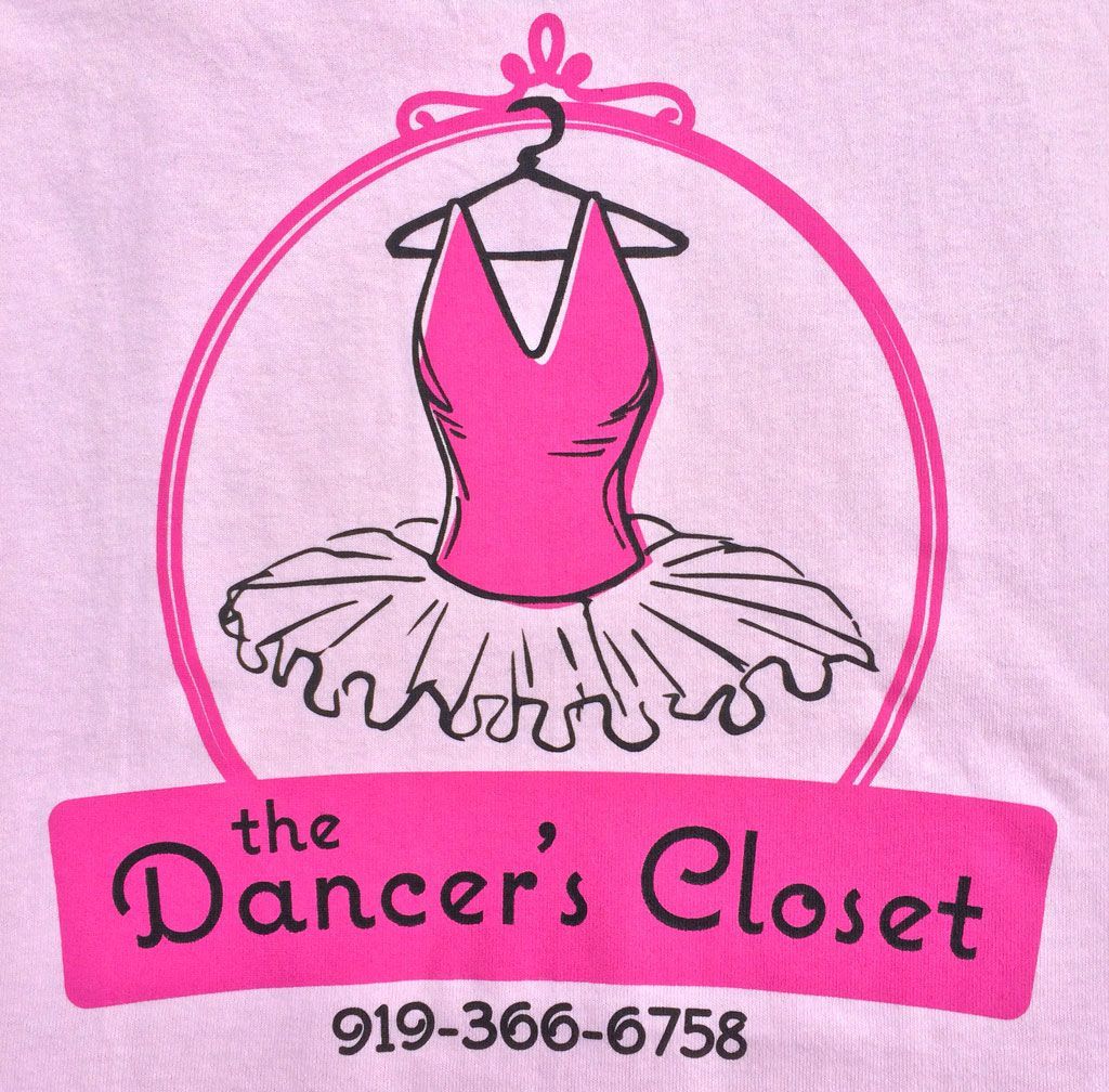 Logo for The Dancer's Closet featuring a pink tutu on a hanger inside a pink circle, with phone number 919-366-6758 below.