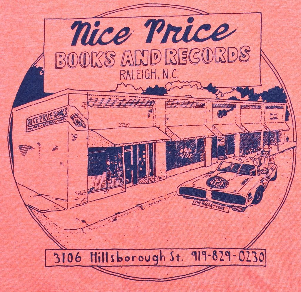 A logo for Nice Price Books and Records in Raleigh, NC, showing a storefront with a parked car on a pink background.