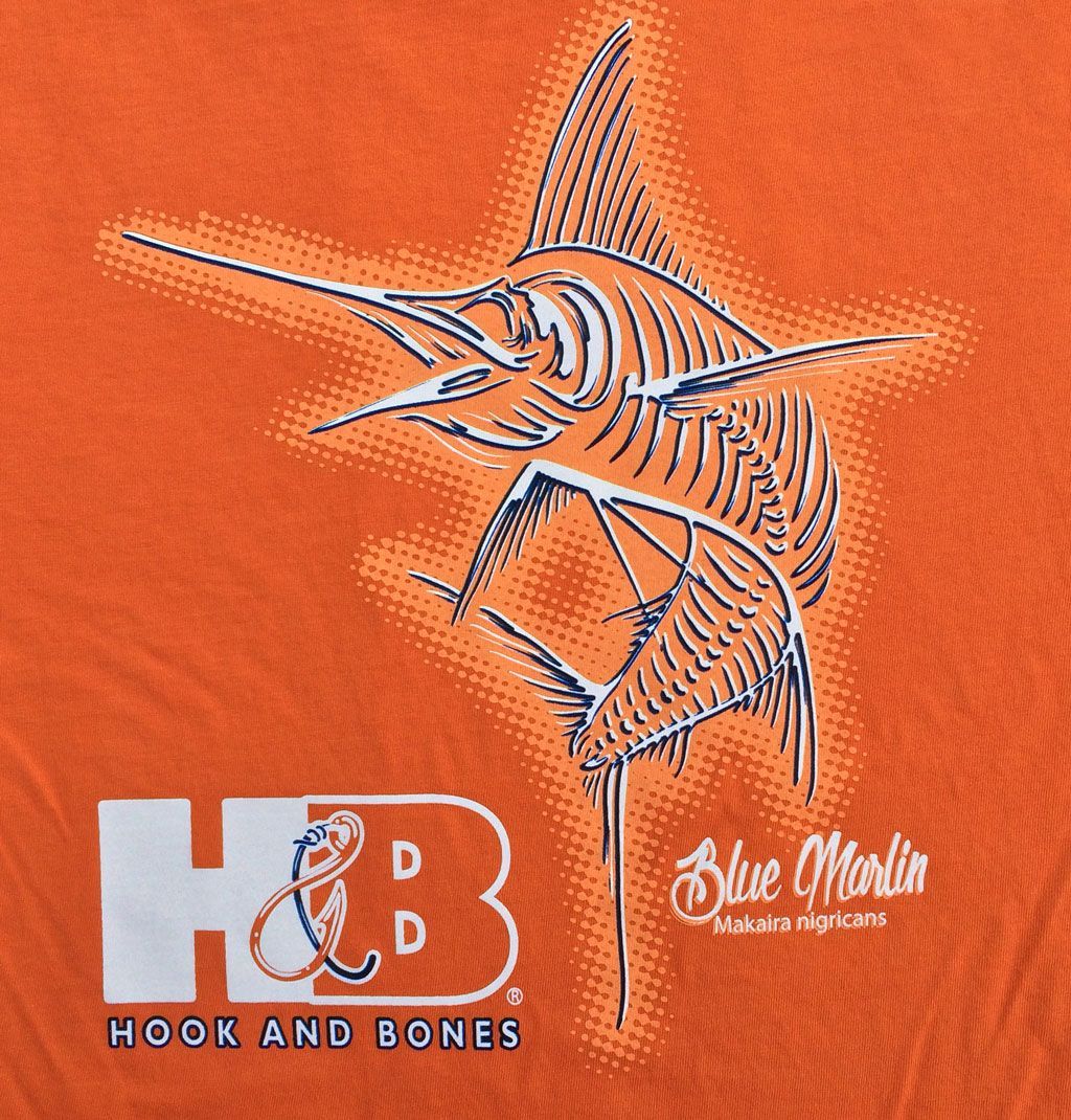 Orange t-shirt graphic featuring a blue marlin fish, 