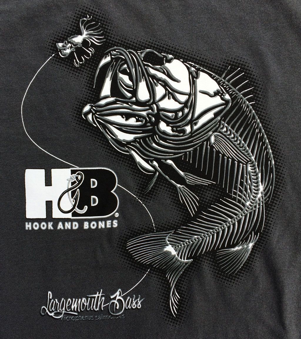 A graphic featuring a skeleton of a largemouth bass biting a lure, with the brand name 