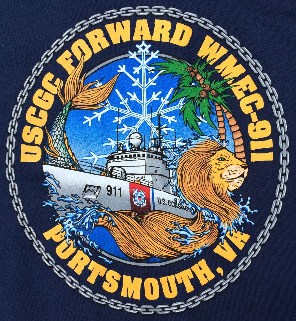 A circular emblem for USCGC Forward WMEC-911, featuring a Coast Guard cutter, a mermaid tail, a lion, and palm trees.