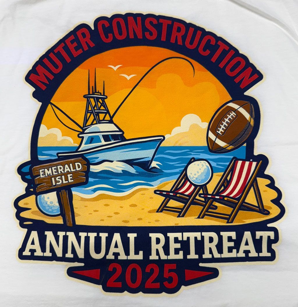 Graphic for Muter Construction's 2025 Annual Retreat at Emerald Isle, featuring a fishing boat, beach chairs, and sports.