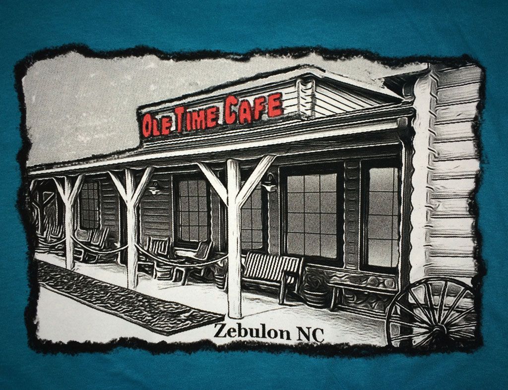 A black and white line-art illustration of the Ole Time Cafe in Zebulon, NC, featuring a front porch with a bench.