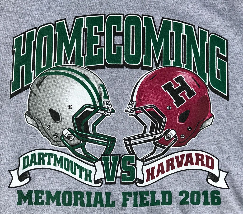 Graphic for a 2016 Dartmouth vs. Harvard homecoming football game featuring team helmets and text on a grey background.