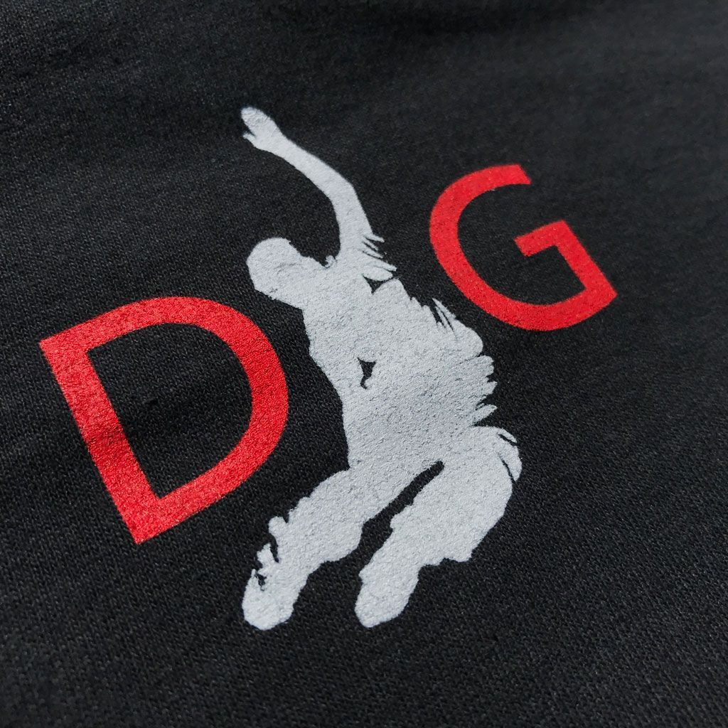Red, stylized letters 