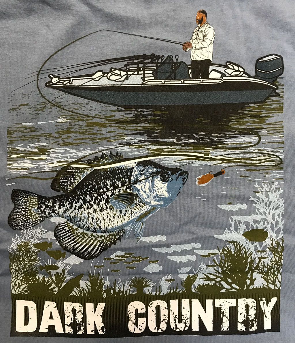 A fishing illustration featuring a person on a boat above a large, spotted fish underwater, with the text 
