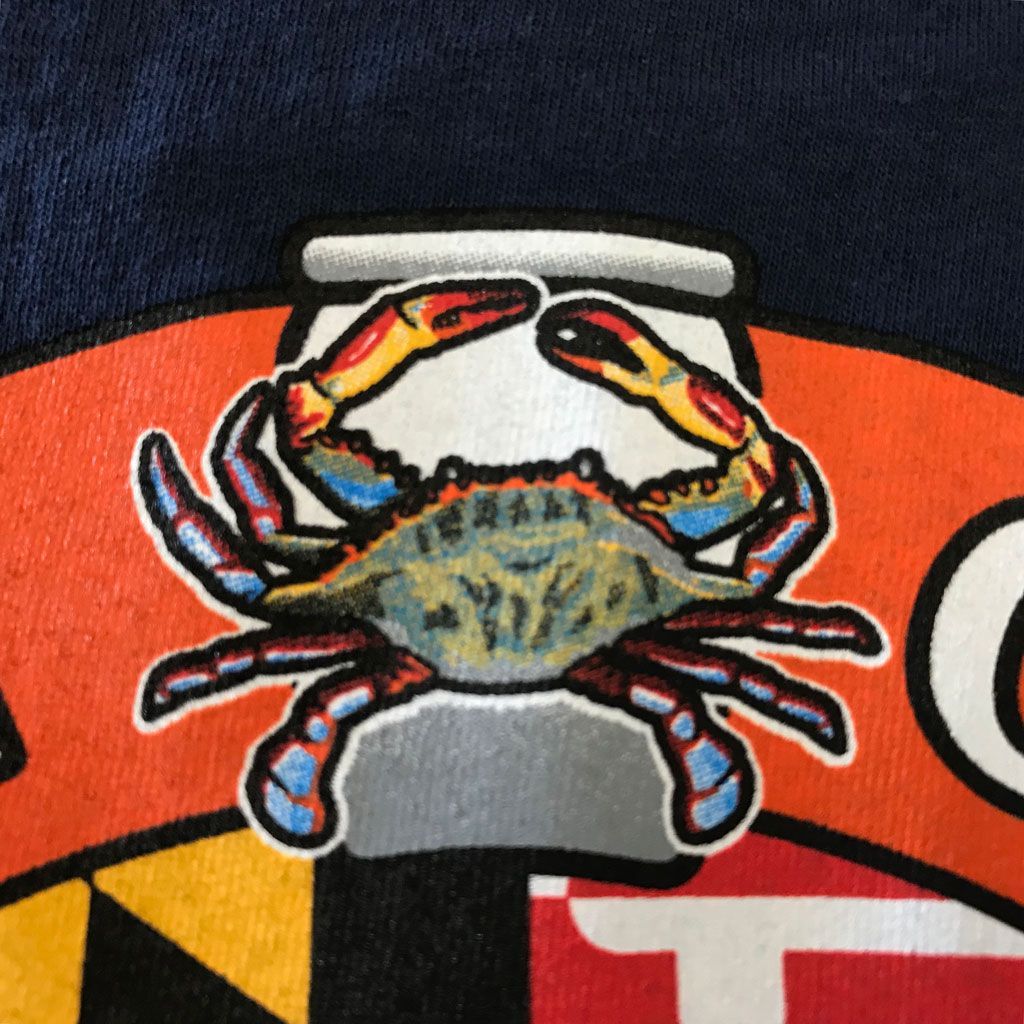A blue crab graphic sits centered over a Maryland flag pattern, framed by a semi-circular orange band on a dark background.