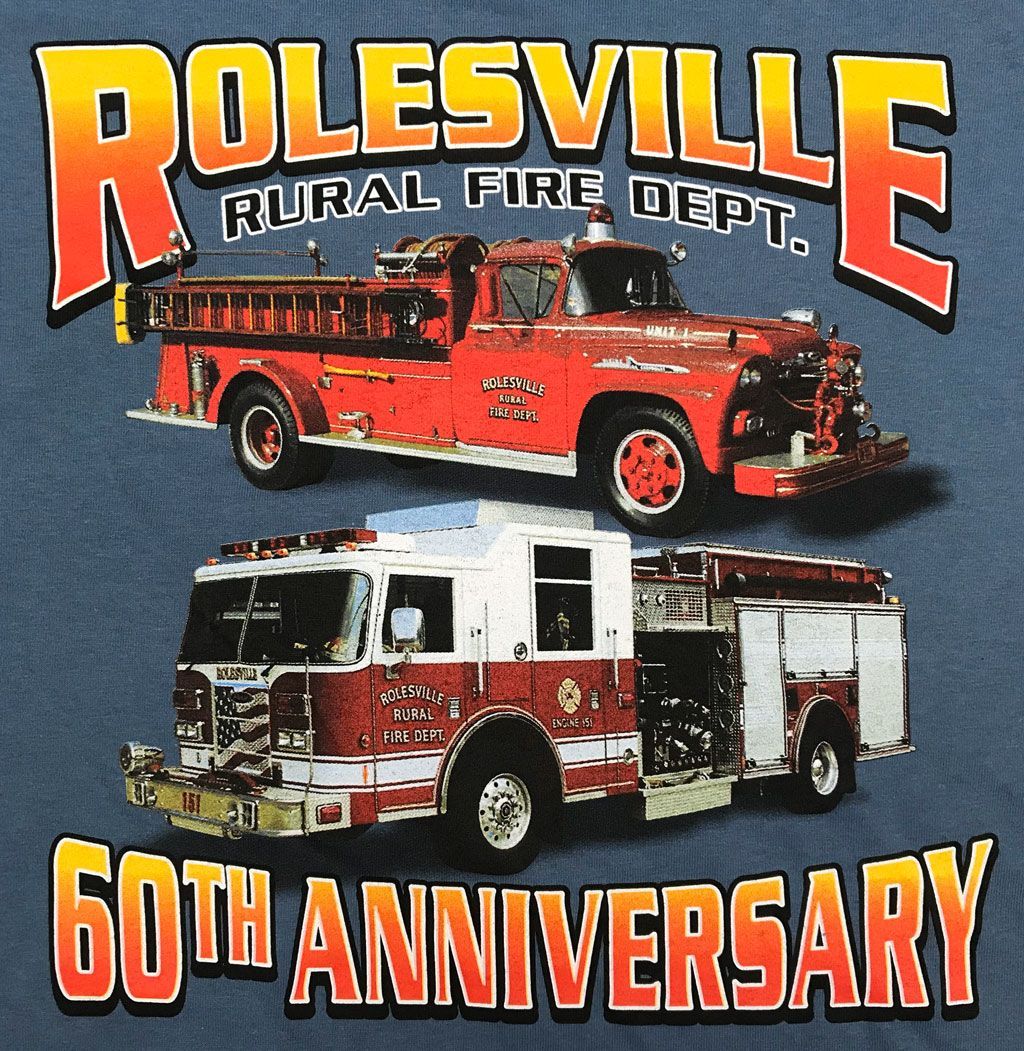 Graphic commemorating the Rolesville Rural Fire Dept. 60th Anniversary, featuring two vintage fire trucks on blue fabric.