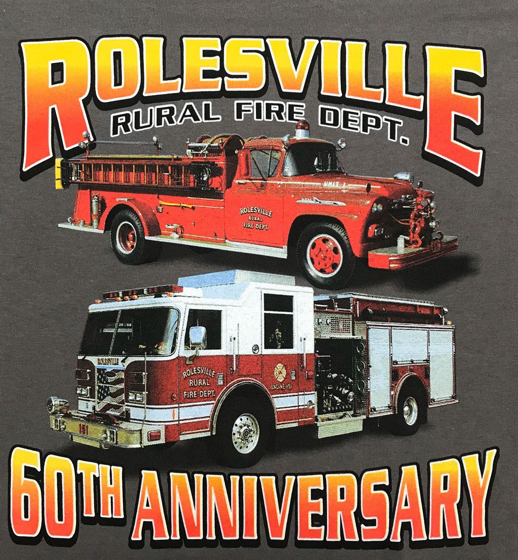 Rolesville Rural Fire Dept. 60th Anniversary graphic featuring vintage and modern fire engines on a dark background.