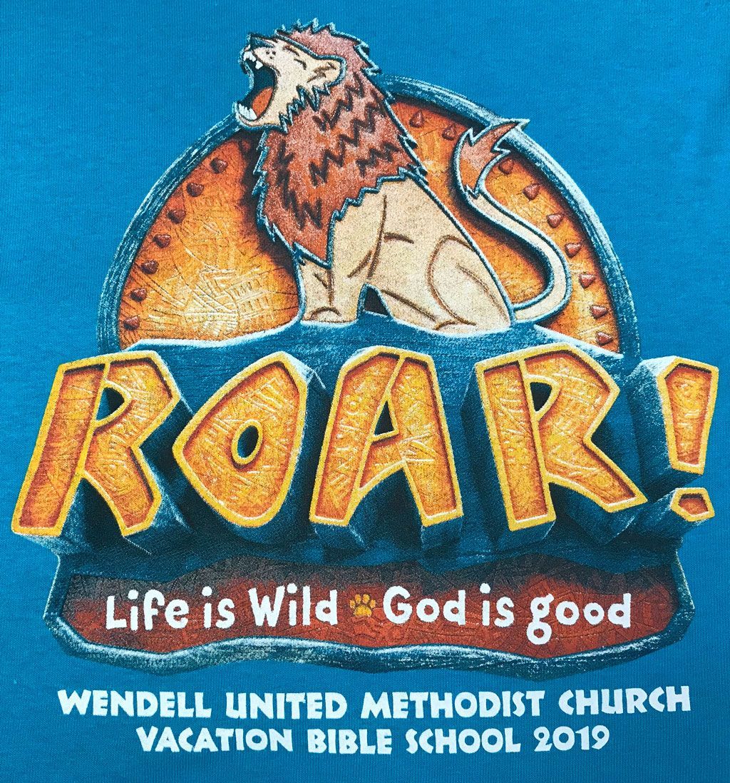 Logo for Wendell United Methodist Church 2019 VBS featuring a roaring lion and the slogan 