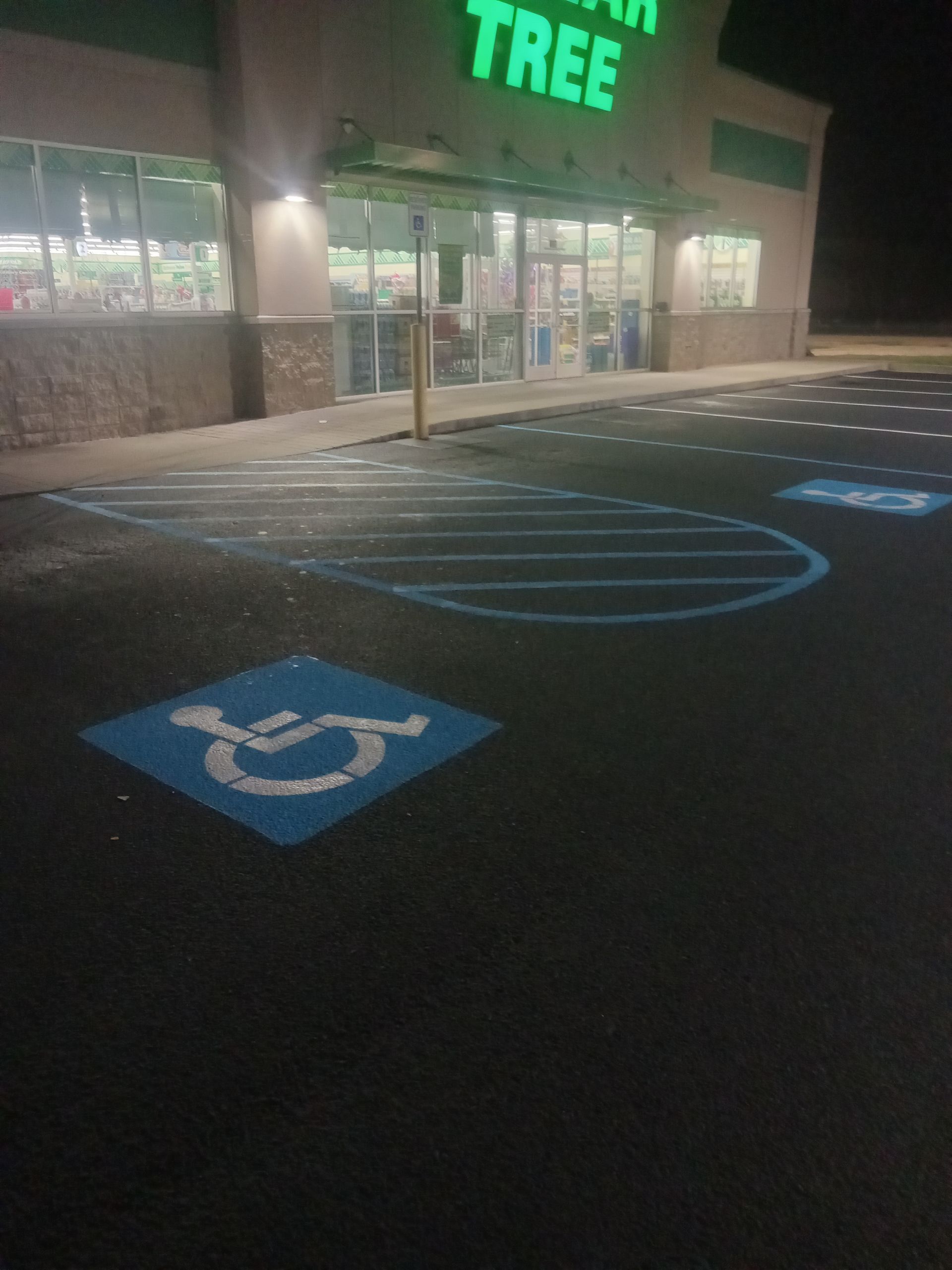 Nighttime storefront with illuminated “TREE” sign and blue handicapped parking space markings in front