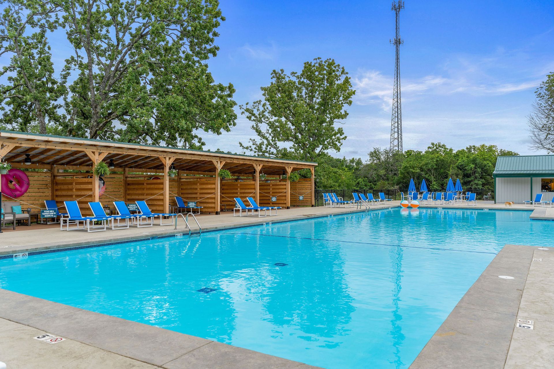 Outdoor swimming pool with blue lounge chairs and wooden cabanas under a sunny sky