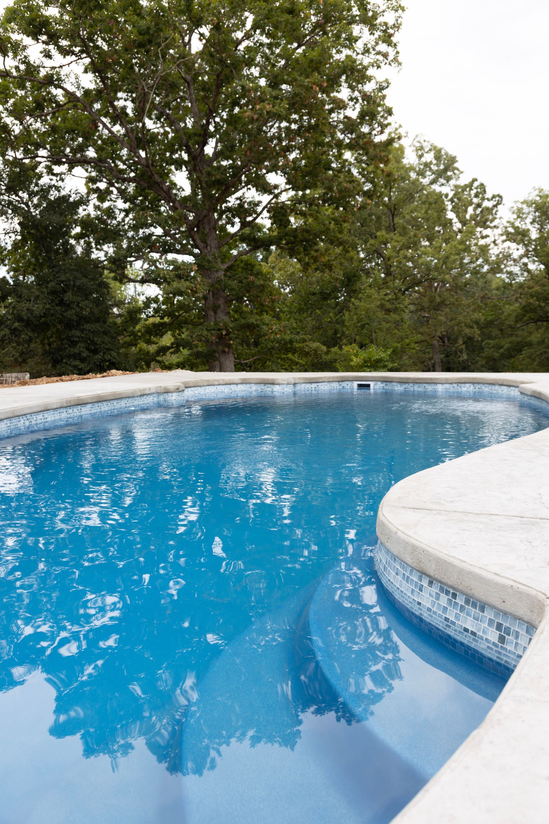 Curved blue swimming pool with white stone edge beside trees and greenery