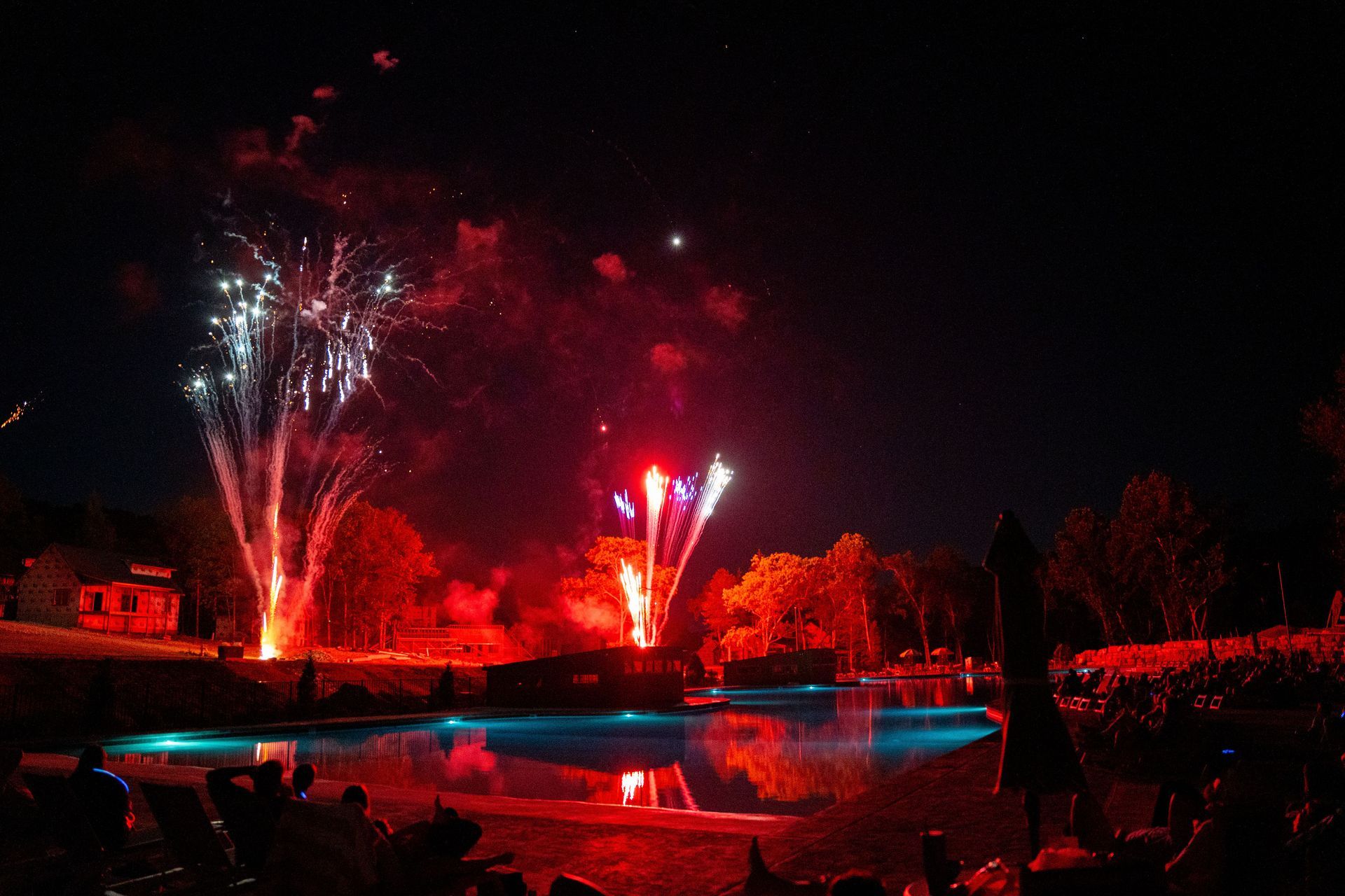 Fireworks exploding over a dark lake at night, with red and white reflections on the water