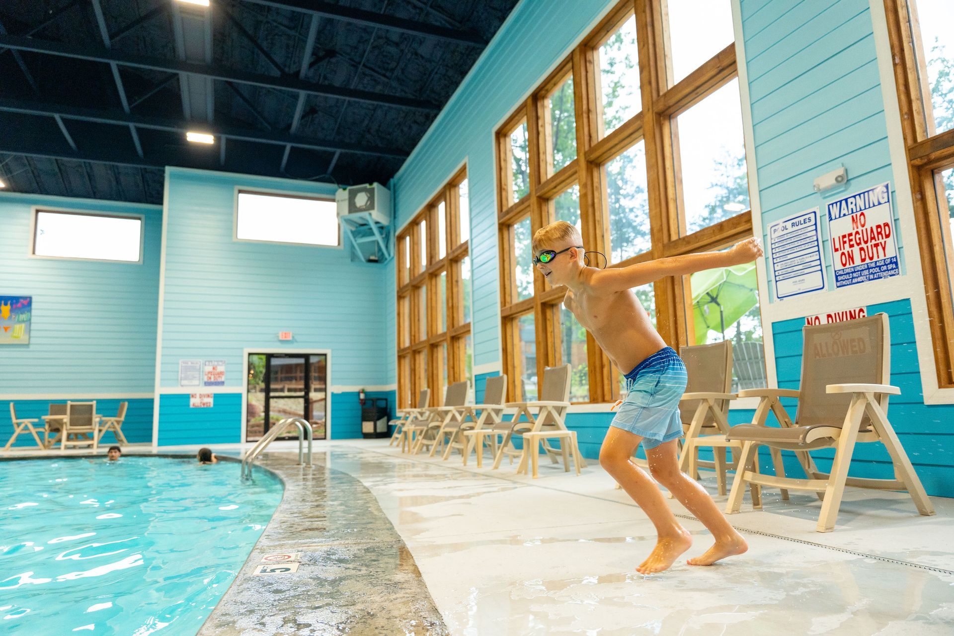 Child diving into an indoor swimming pool beside large windows and blue walls