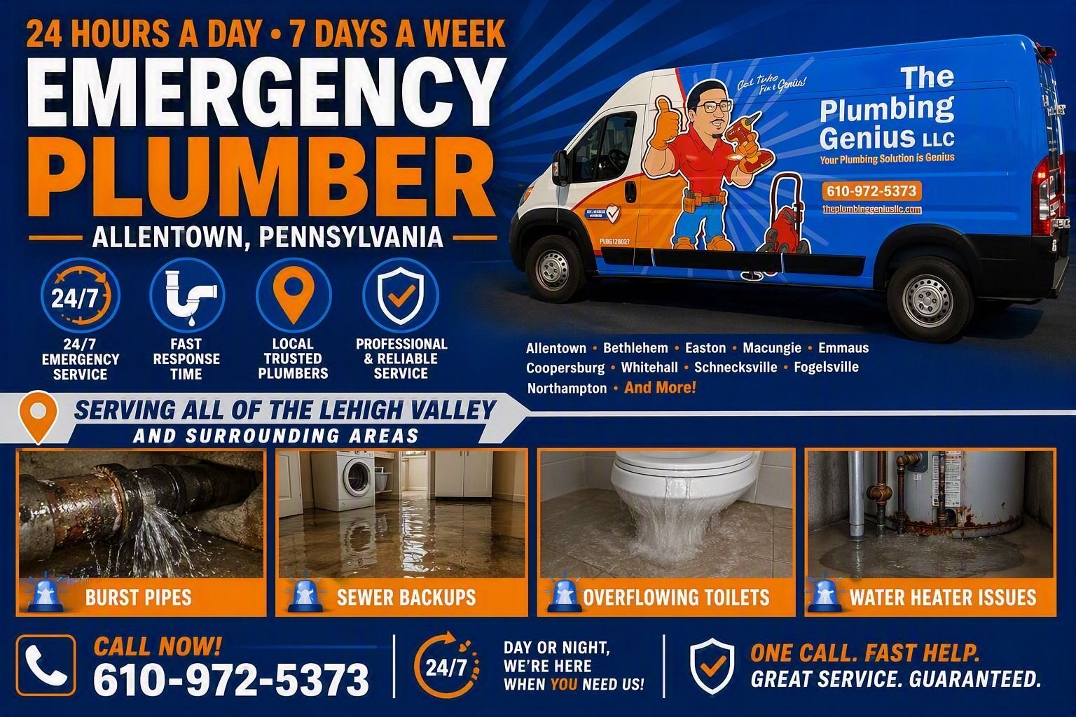 Emergency Plumber ad for Allentown, Pennsylvania, with blue truck and 24/7 service details