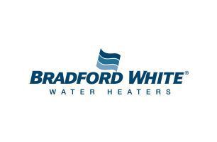Bradford White Water Heaters logo with blue text and a stylized wave graphic.