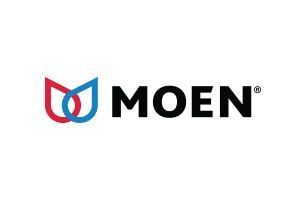 Moen logo: Red and blue overlapping water drop icons next to the word MOEN in black.