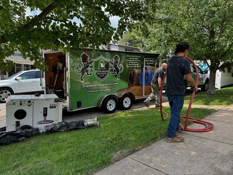 Men unloading equipment from a green trailer with business logo; one man holding a red hose on a grassy lawn next to a parked car.