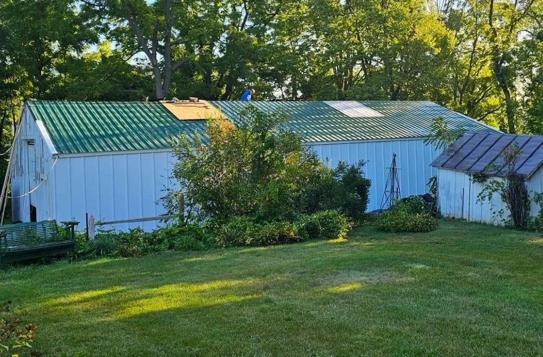 Three small sheds with green and white roofs beside a sunny grassy yard and trees