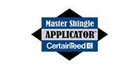 Master Shingle Applicator Certified badge logo in blue, black, and white