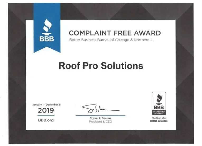 BBB Complaint Free Award plaque for Roof Pro Solutions, white and black with blue accents