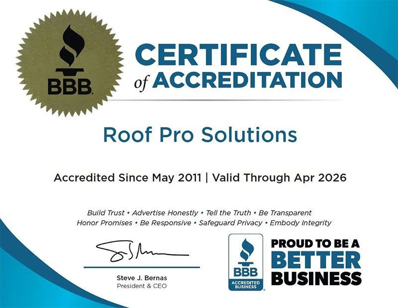 BBB certificate of accreditation for Roof Pro Solutions, with Better Business Bureau logo and award badge