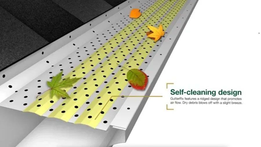 Self-cleaning perforated conveyor belt with debris sliding off and leaves moving along its surface