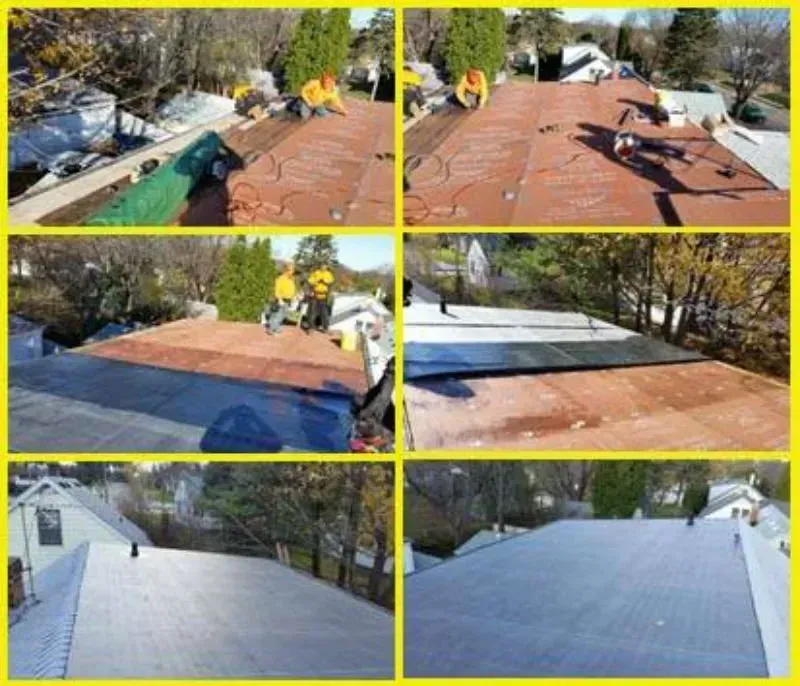 Roofing crew installing gray shingles on a residential roof, shown in six progress photos.