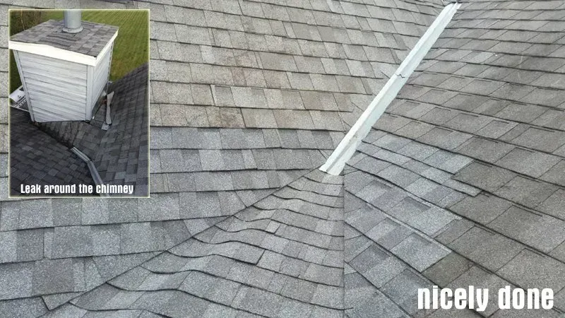 Roof vent flashing and shingles with a small inset showing a leak around the chimney; text says “nicely done.”