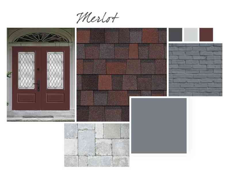 Merlot exterior design board with double front door, brick, stone, and gray color swatches