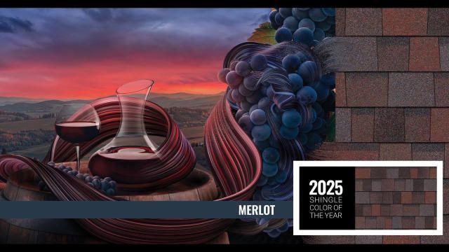 Red wine and grapes on a vineyard scene at sunset, with a 2025 label and Merlot text