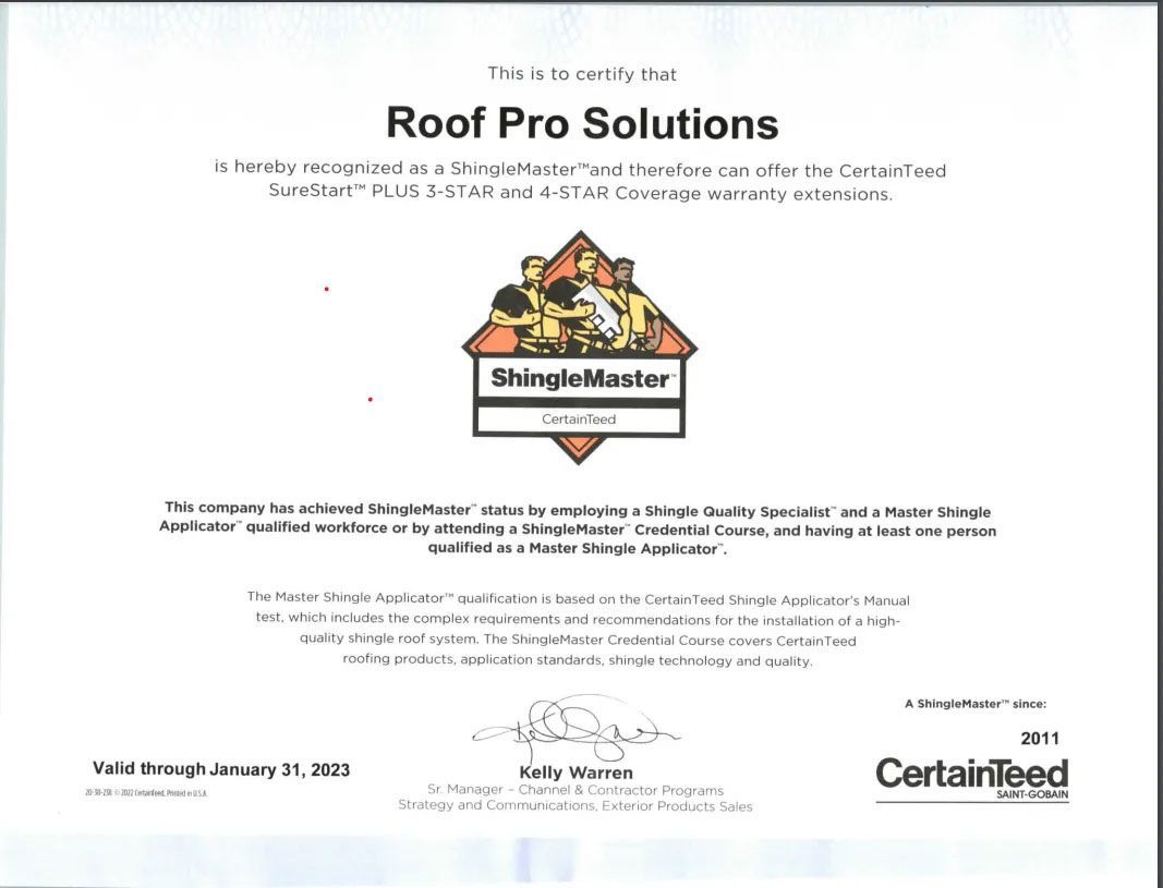 Roof Pro Solutions award certificate with ShingleMaster and CertainTeed logos