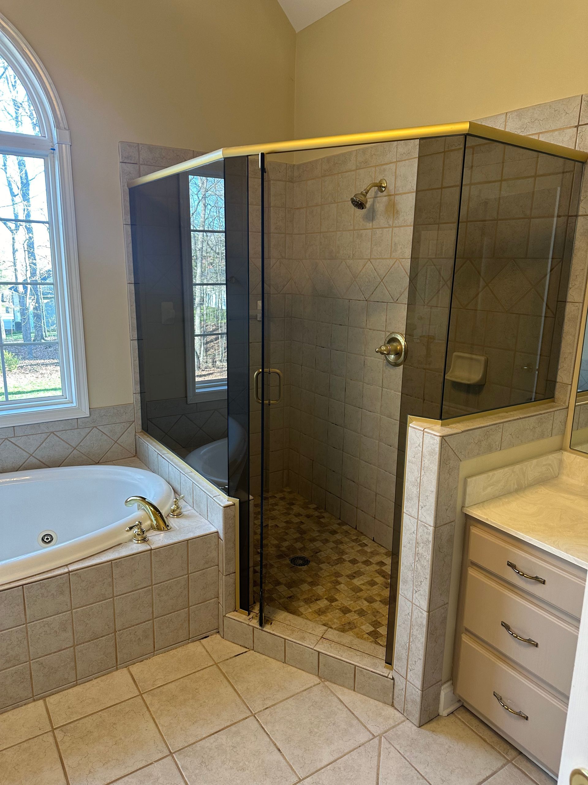 A bathroom with a tub, shower, and mirror.