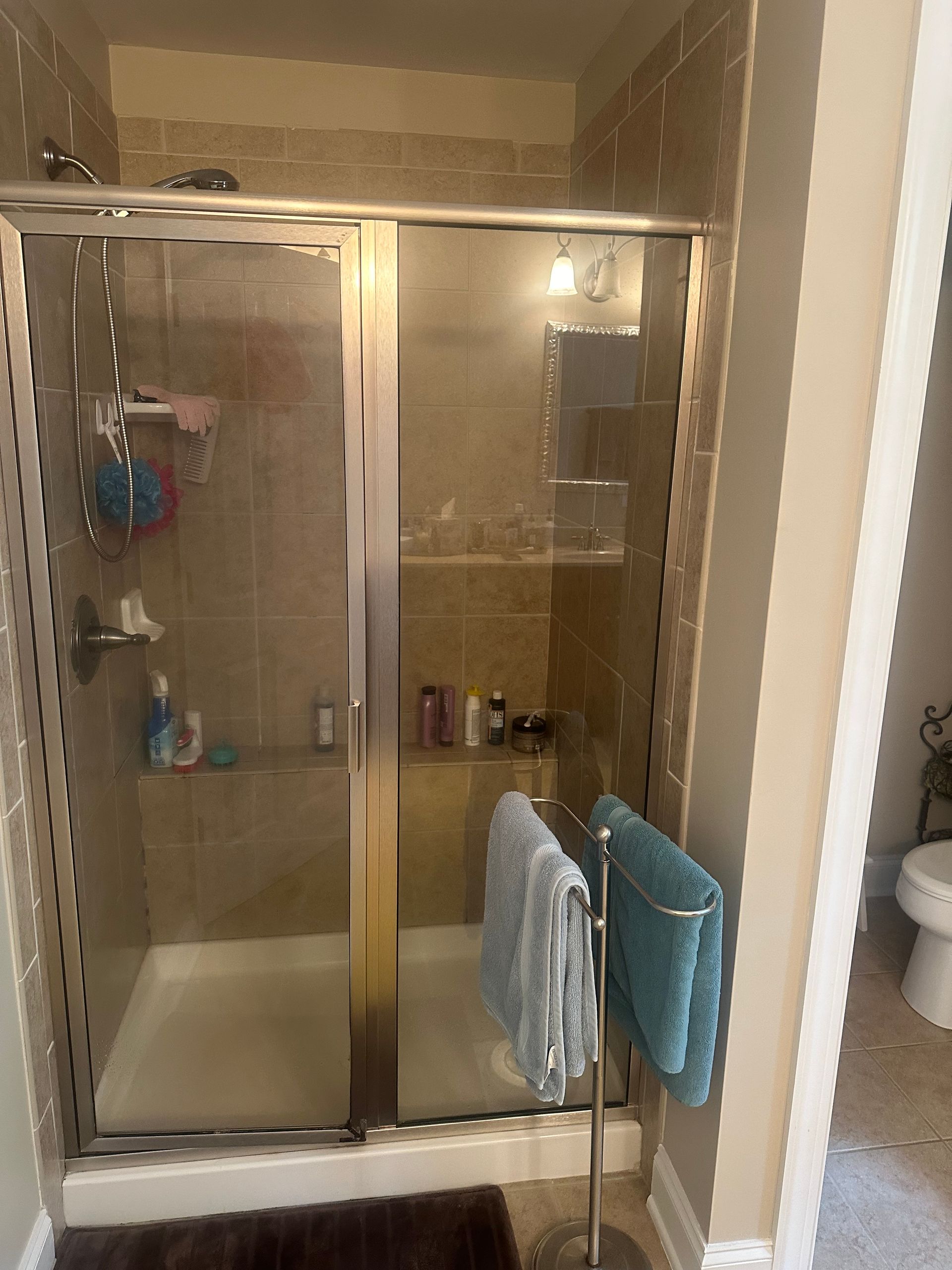 A bathroom with a glass shower door and a towel rack.