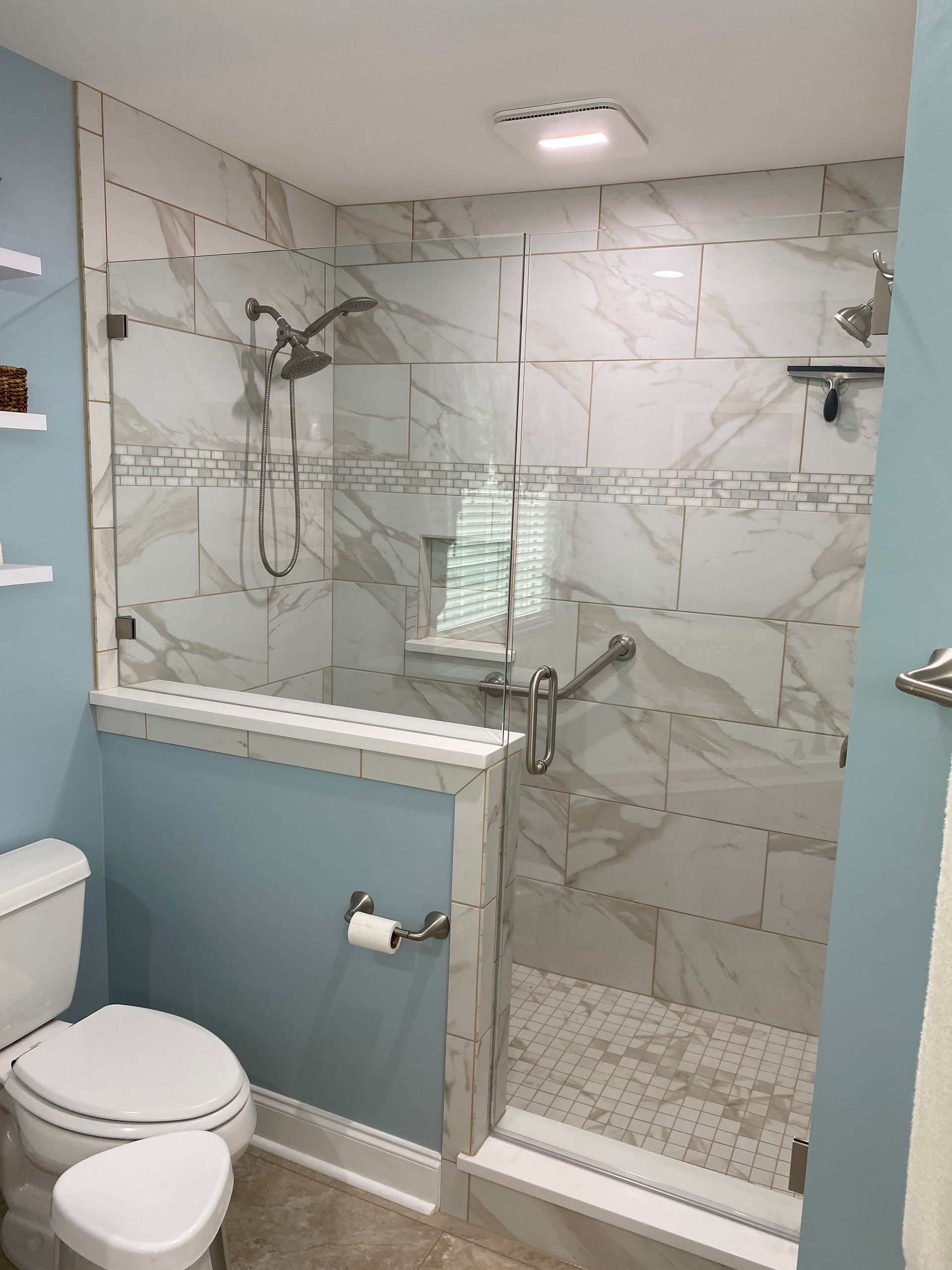 A bathroom with a toilet and a walk in shower.