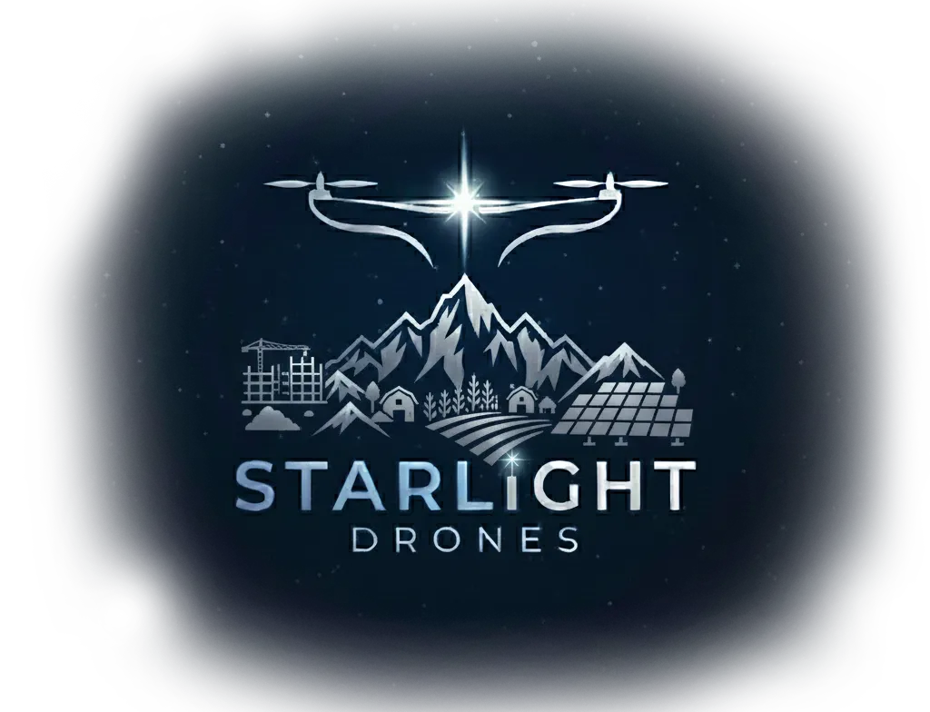 Starlight Drones logo with a glowing drone over mountains and stars on a dark background