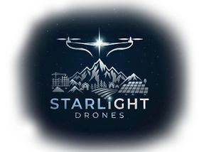 Starlight Drones logo with a glowing drone over mountains and stars on a dark background