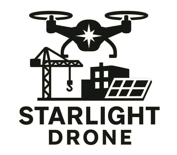 Black logo of a drone, crane, building, and solar panel above the words &ldquo;Starlight Drone&rdquo;