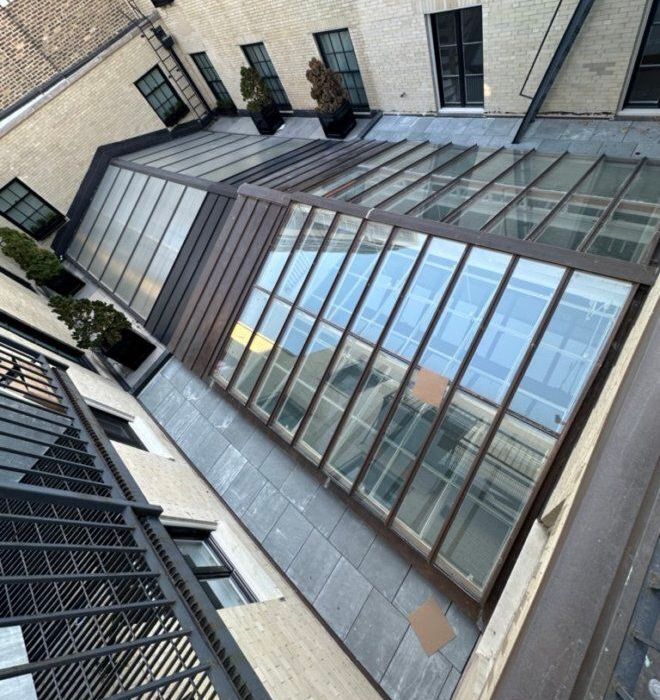 An aerial view of a building with lots of windows
