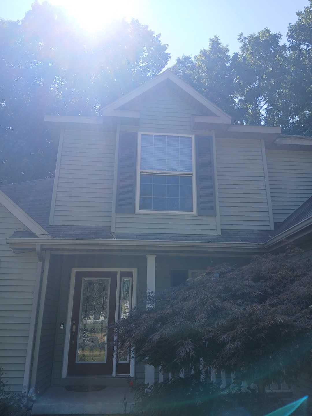 A light-colored two-story house with a front door and a single window above it, partially obscured by a large bush.