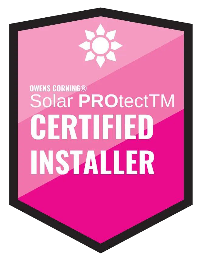 Owens Corning Solar PROtect Certified Installer shield badge, featuring a pink background and a white sun icon.