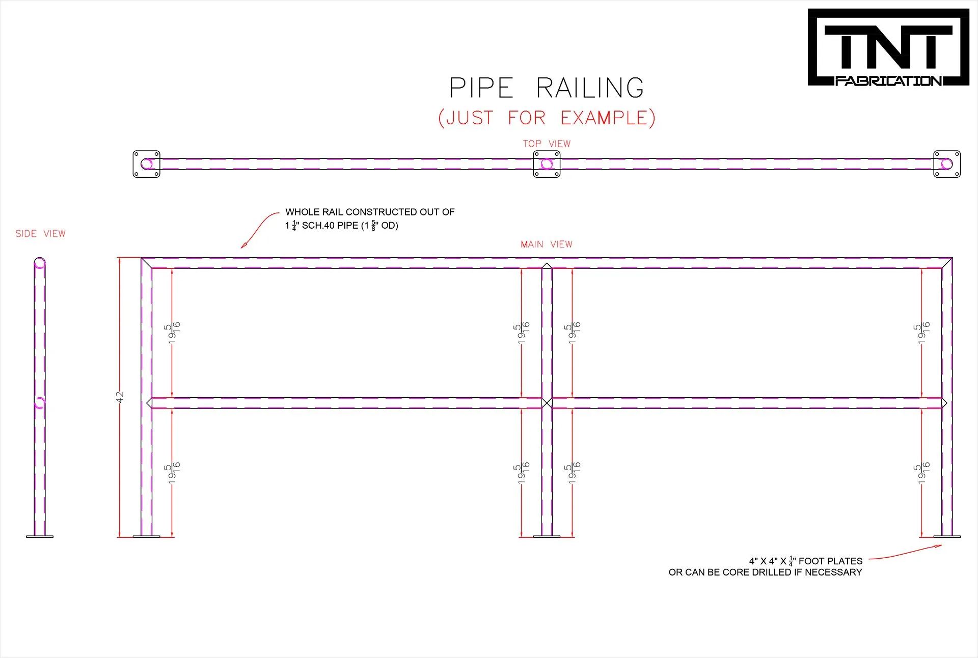 Technical drawing of a pipe railing with dimensions and TNT logo, shown in black and white.