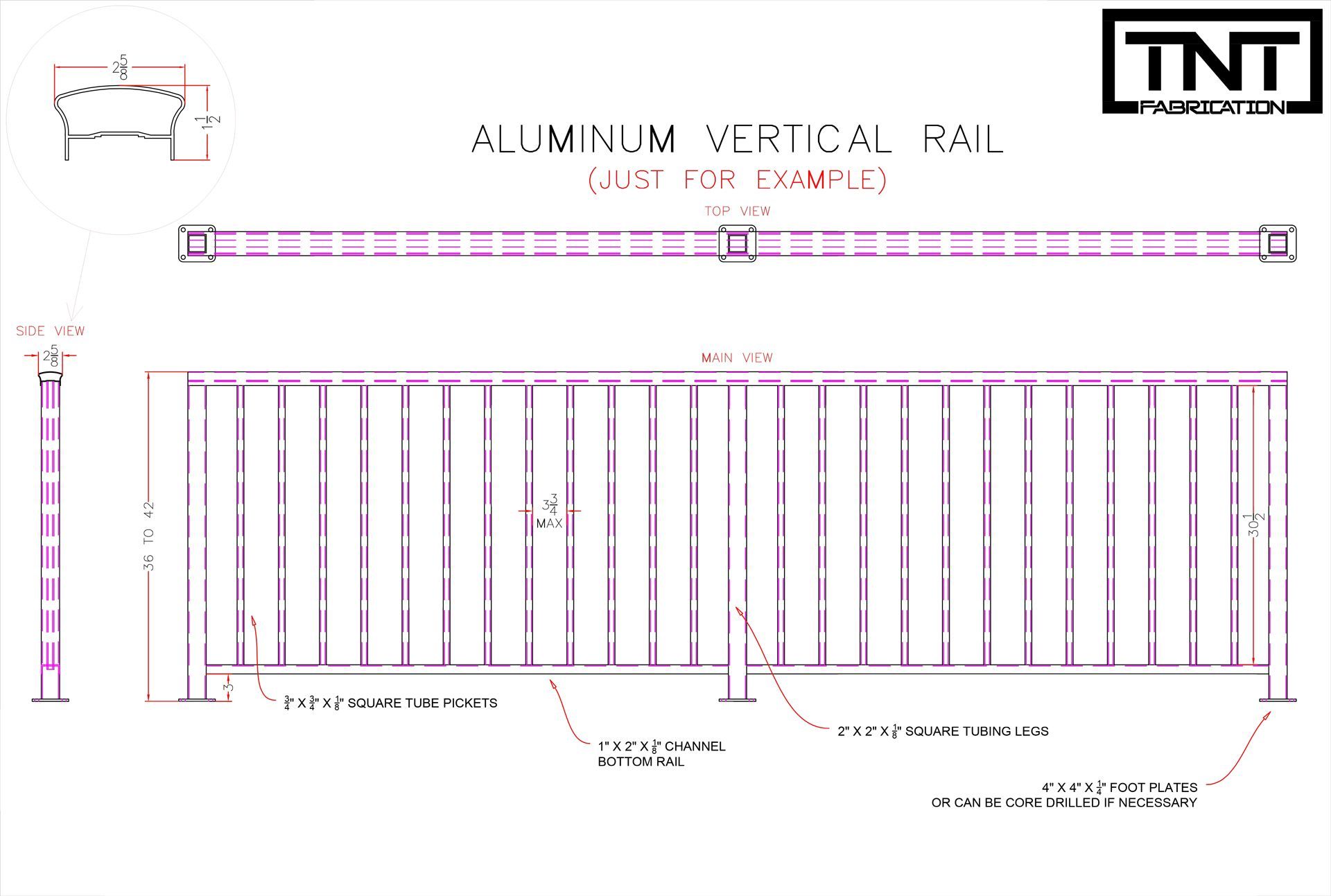 Technical drawing of an aluminum vertical rail gate, showing dimensions and side views in black and magenta.