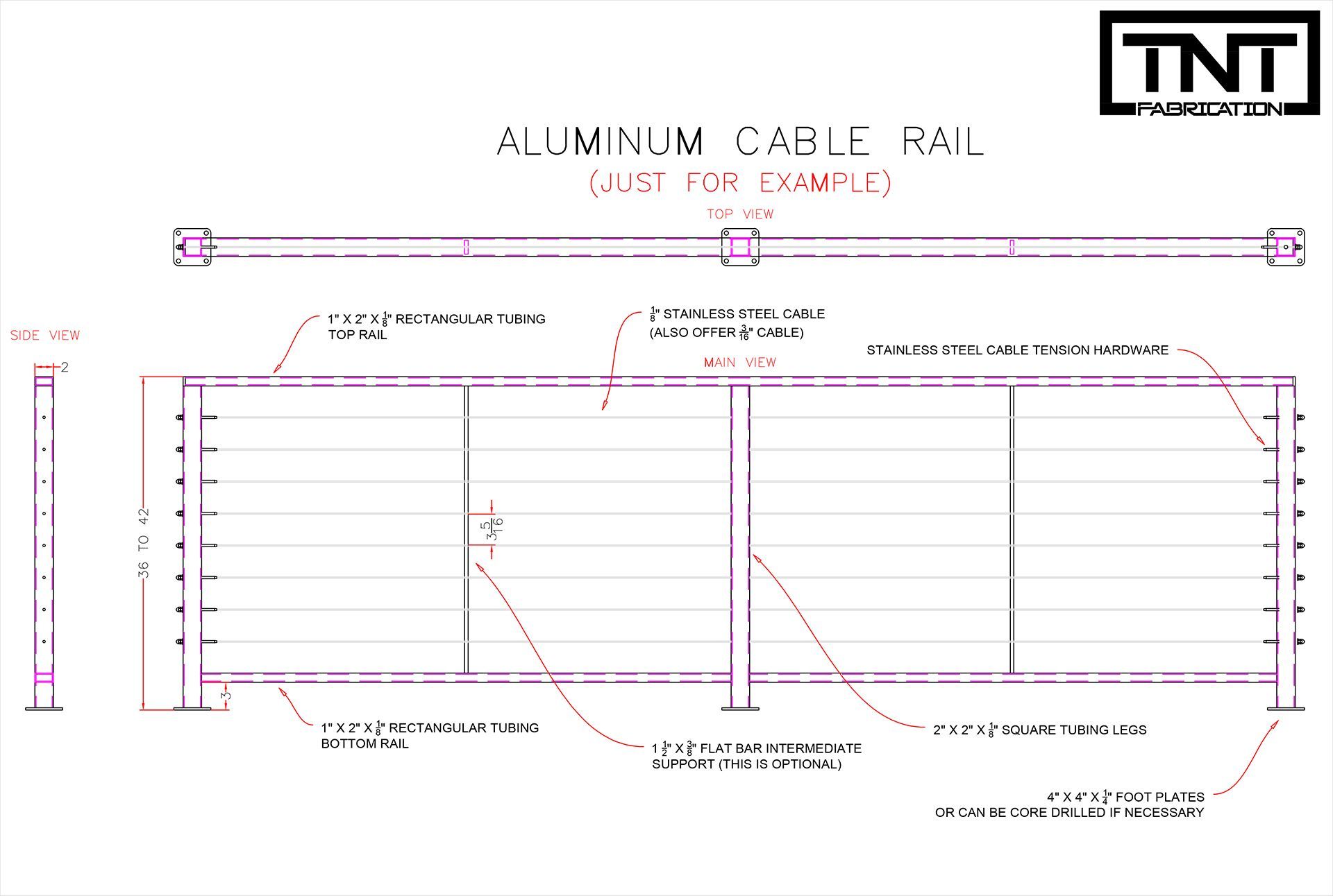 Technical diagram of an aluminum cable rail gate, with measurements and labels on a white background