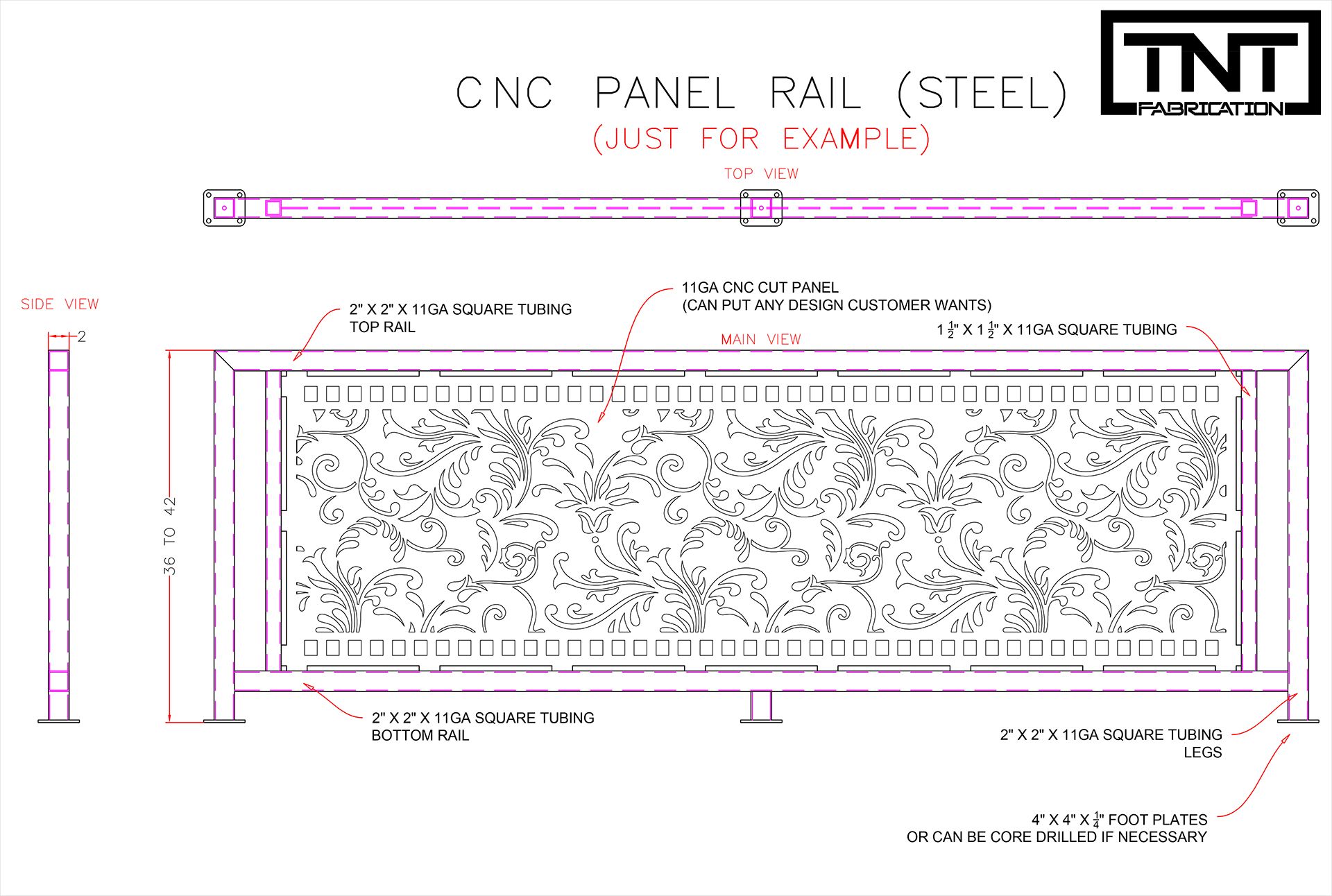 Technical drawing of a CNC steel panel rail with floral pattern and dimensions on white background