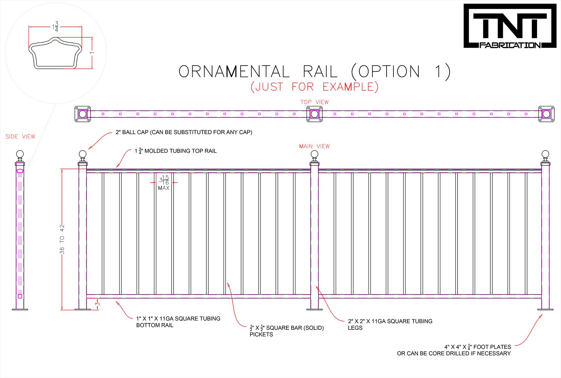 Technical drawing of a black metal gate with dimensions and TNT logo.