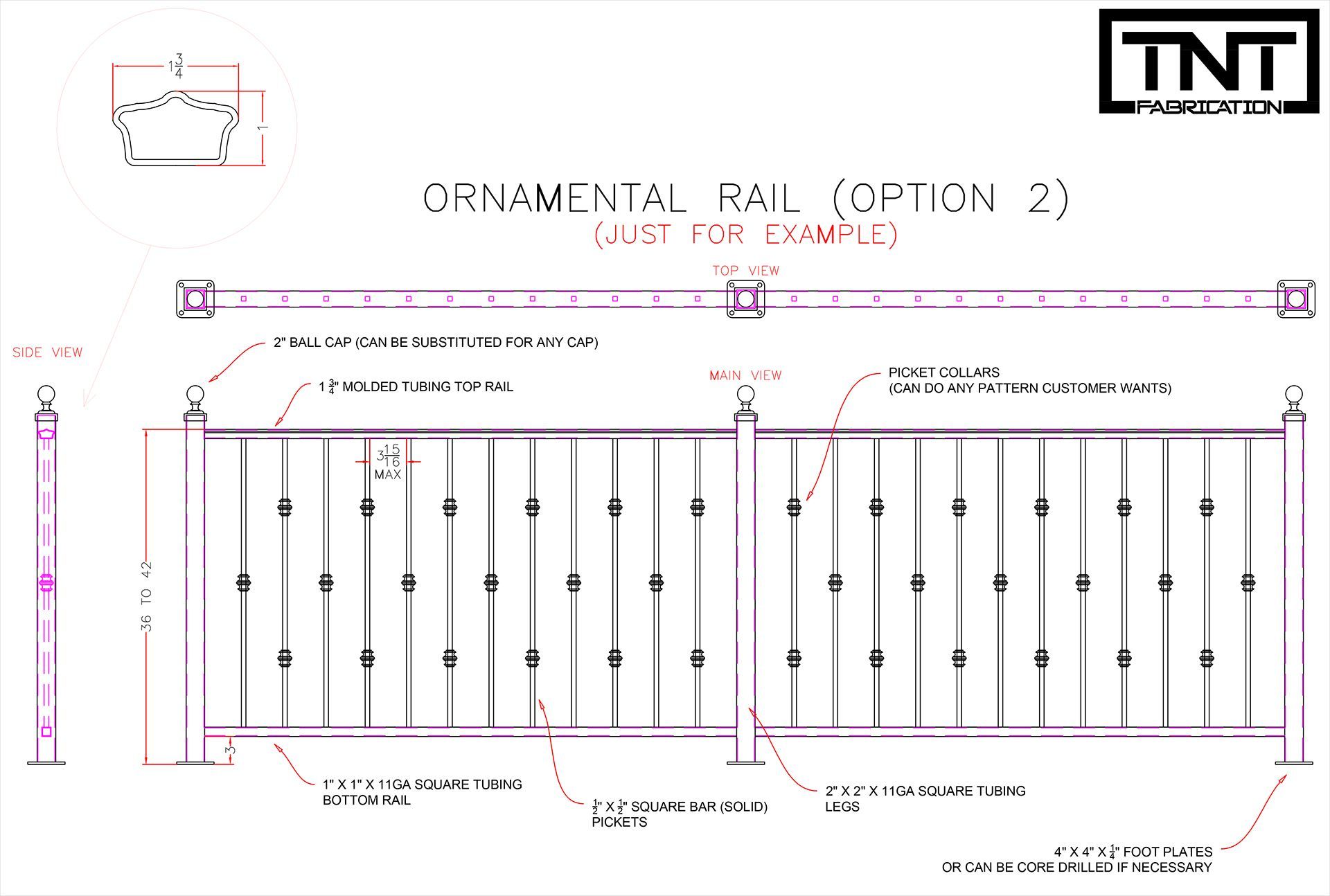 Technical drawing of a black metal railing/gate with dimensions and TNT logo.