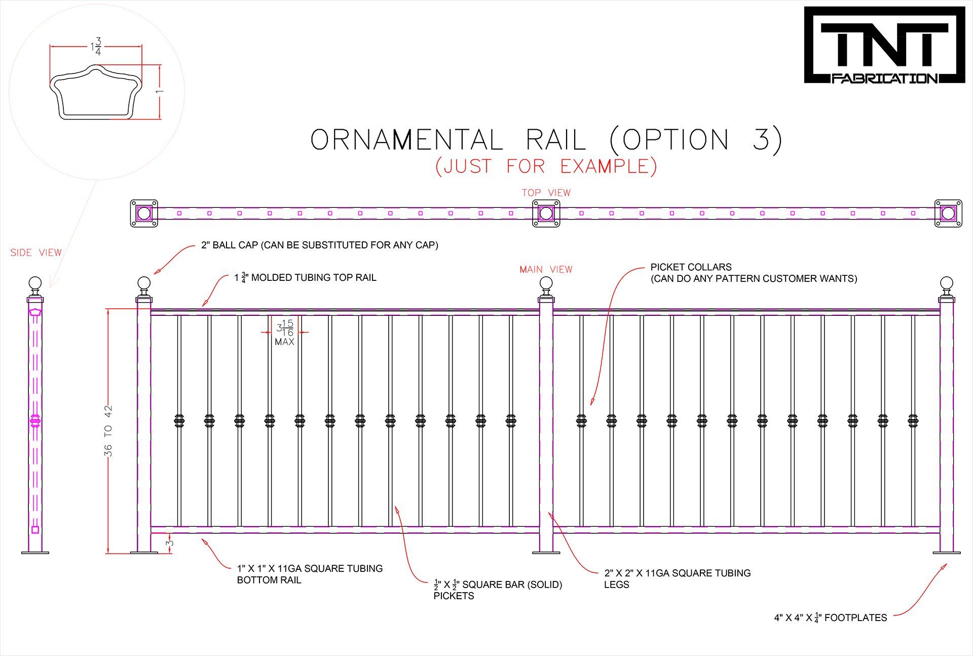 Technical drawing of an ornamental metal railing with dimensions and TNT logo at top right